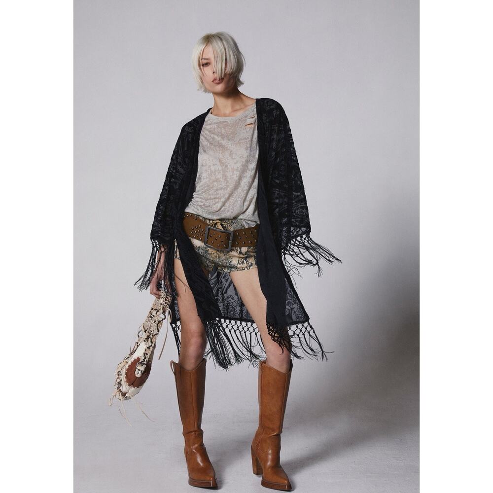 Zara Burnout Velvet Mesh Fringe Kimono Duster Open Whimsygoth Boho Witchy Sz M